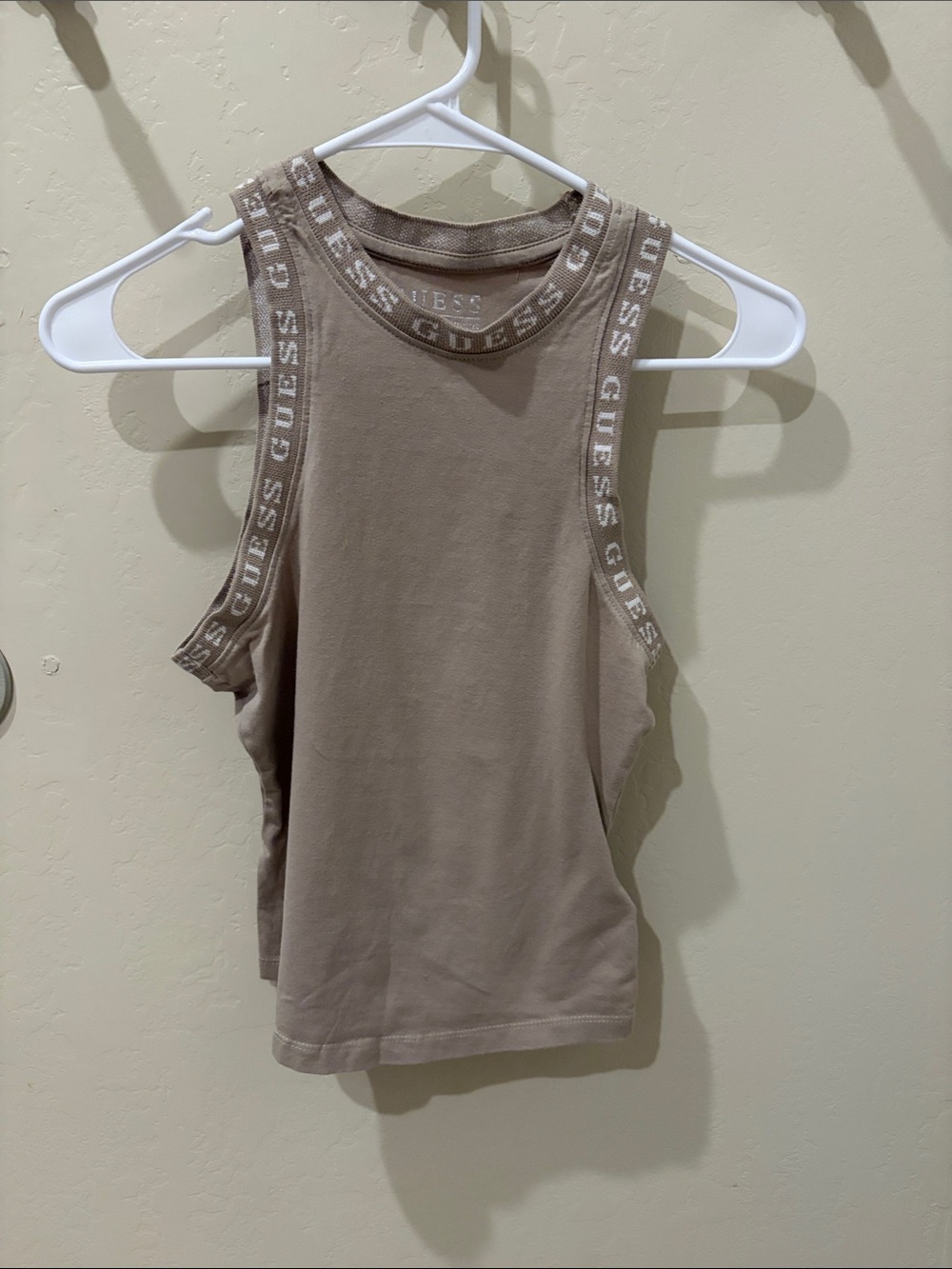 GUESS Beige Logo-Trim Ribbed Tank